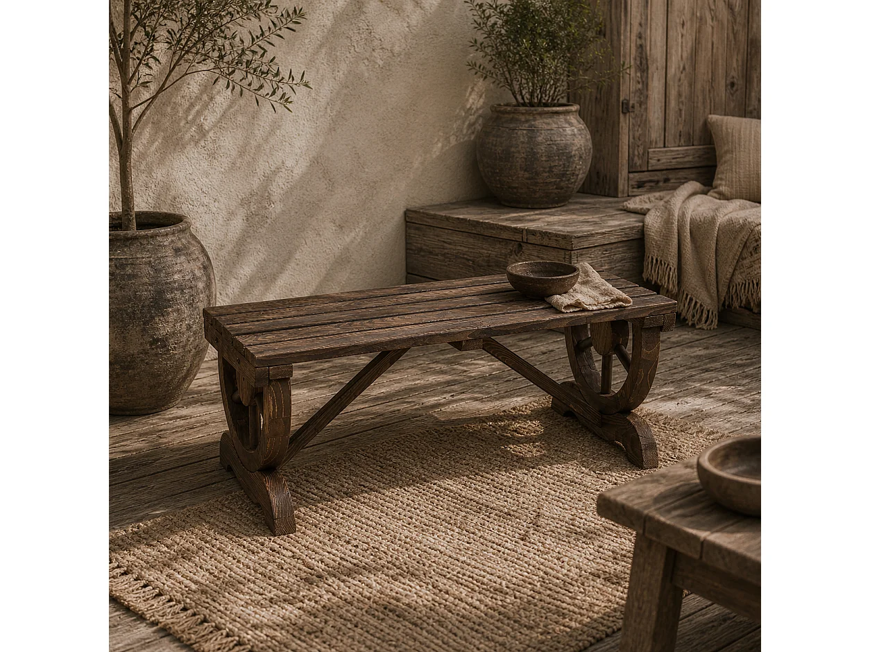 Vini Rustic Fir Wood 2 Seater Garden Bench with Wagon Wheel Legs
