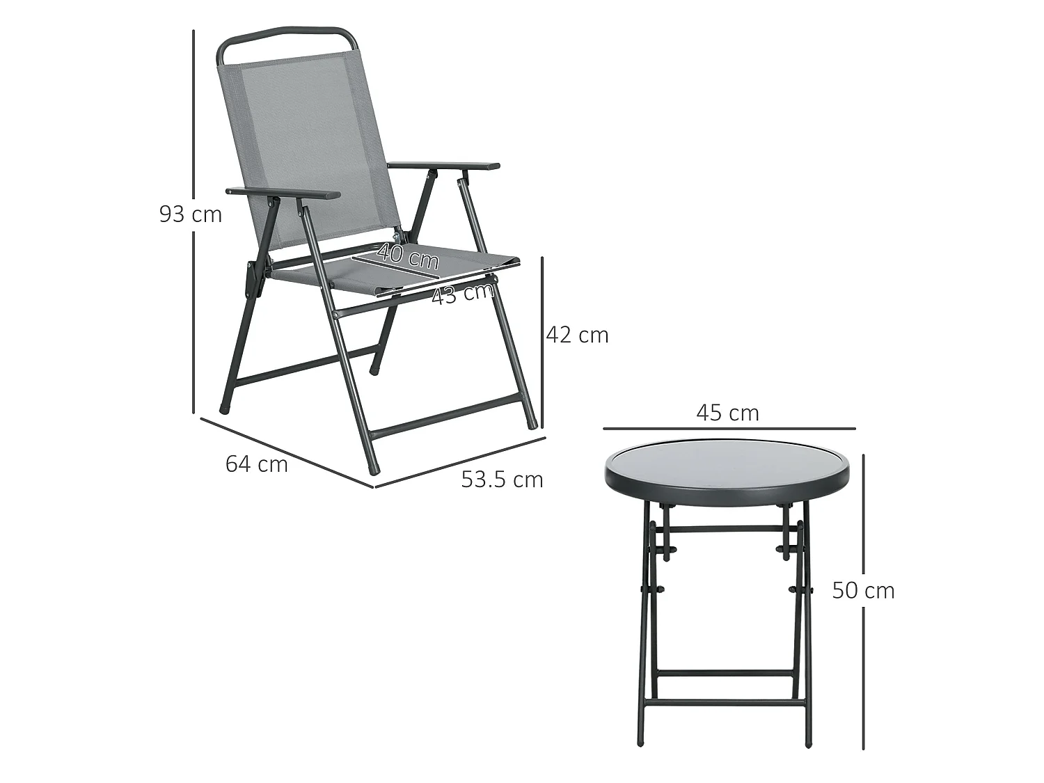 Tonopa 3 Piece Light Grey Garden Seating Set 2 Folding Chairs and Round Glass Table