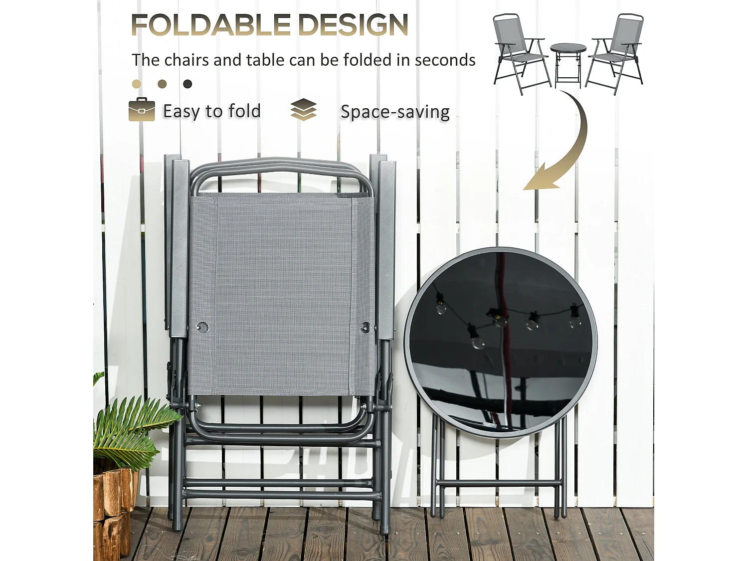 Tonopa 3 Piece Light Grey Garden Seating Set 2 Folding Chairs and Round Glass Table