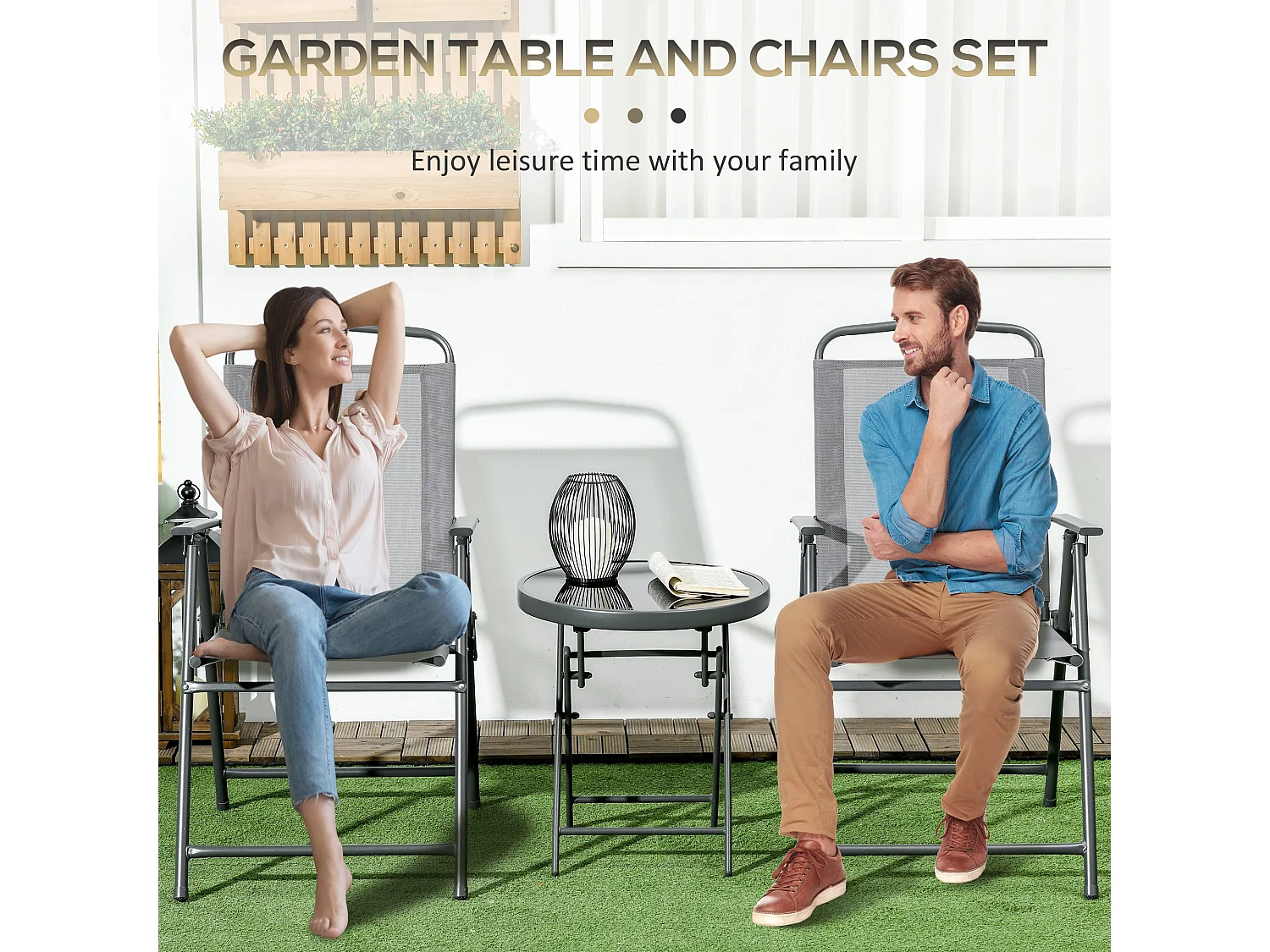 Tonopa 3 Piece Light Grey Garden Seating Set 2 Folding Chairs and Round Glass Table