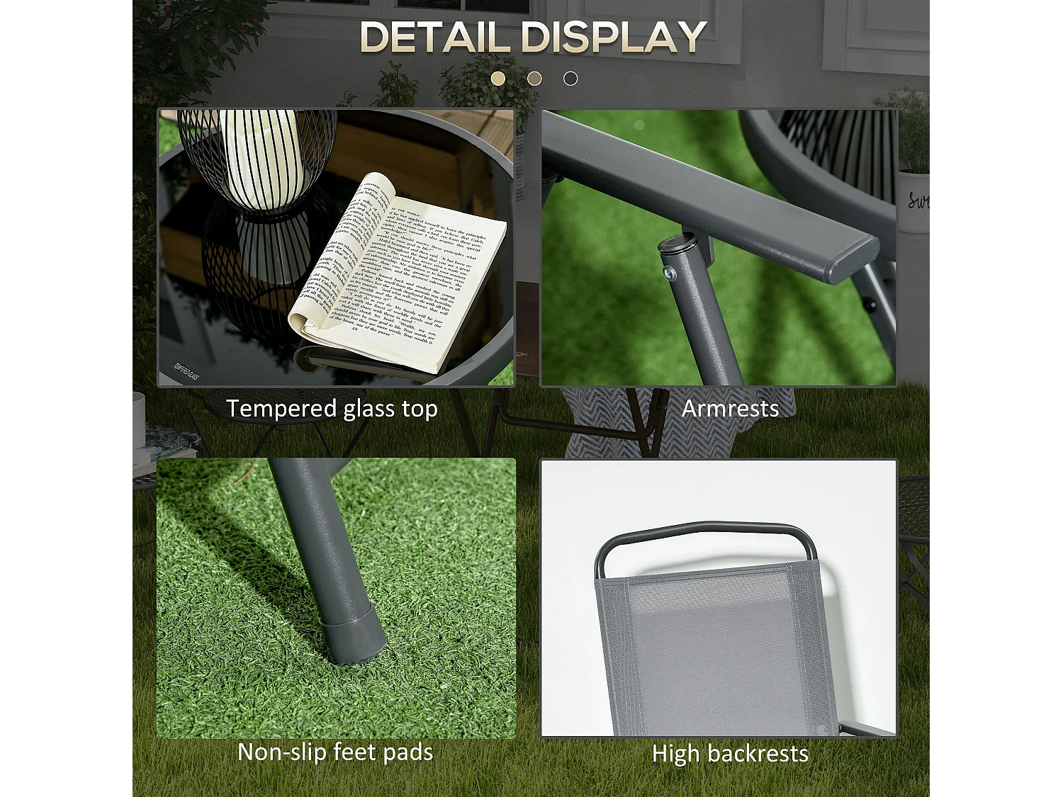 Tonopa 3 Piece Light Grey Garden Seating Set 2 Folding Chairs and Round Glass Table