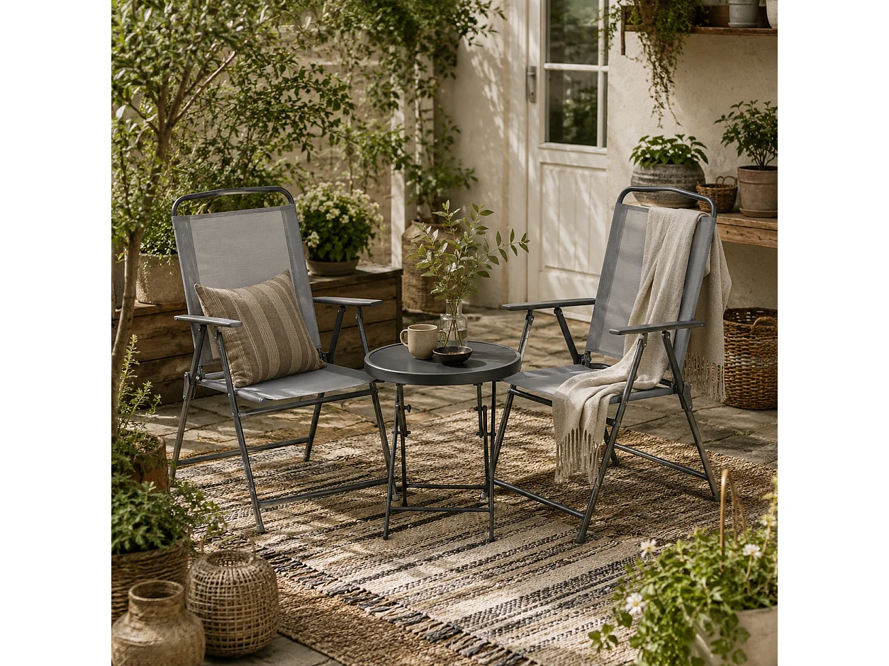 Tonopa 3 Piece Light Grey Garden Seating Set 2 Folding Chairs and Round Glass Table