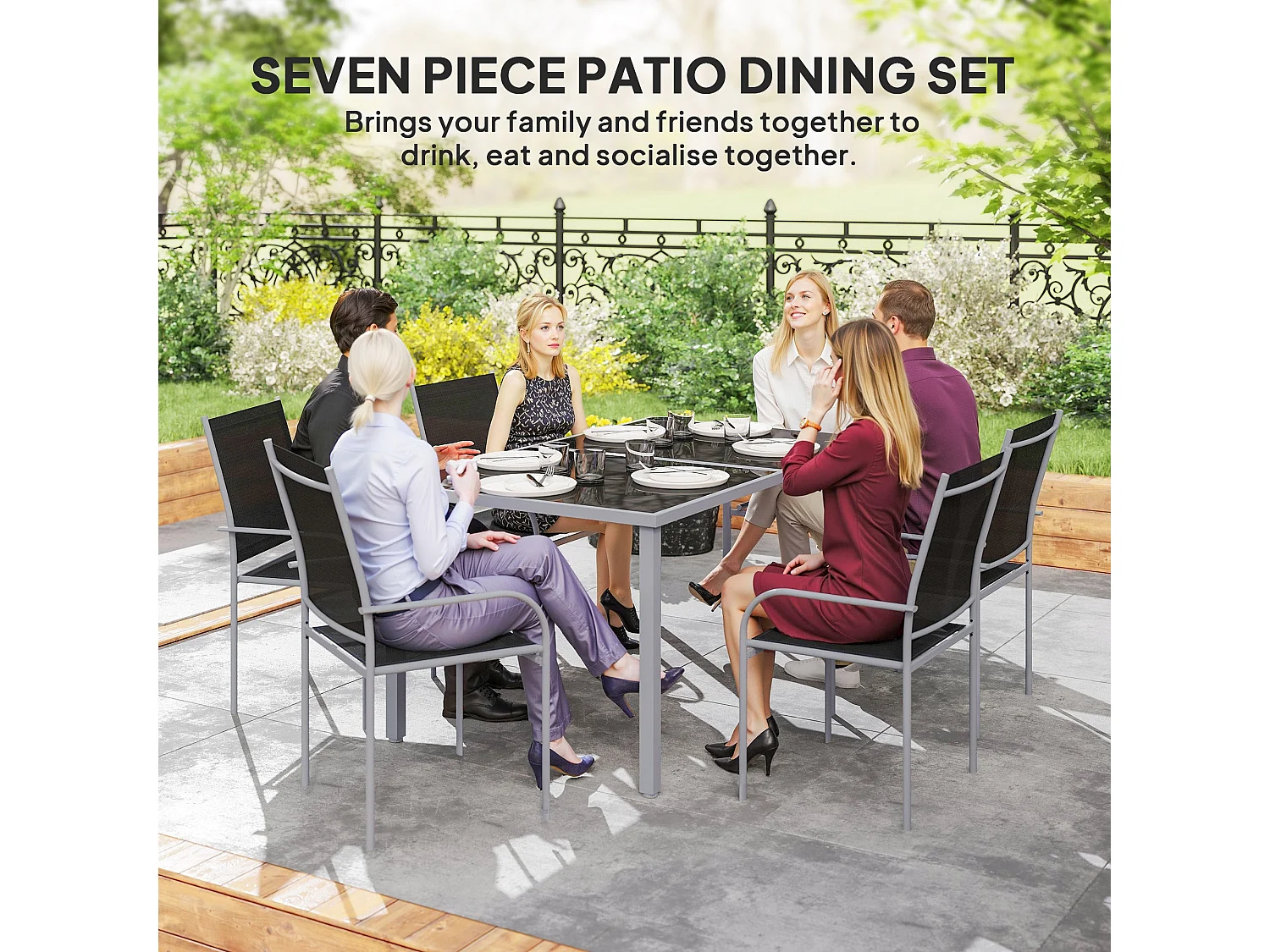 Fivedi 6 Seater Outdoor Dining Set Tempered Glass Table with Stackable Mesh Chairs