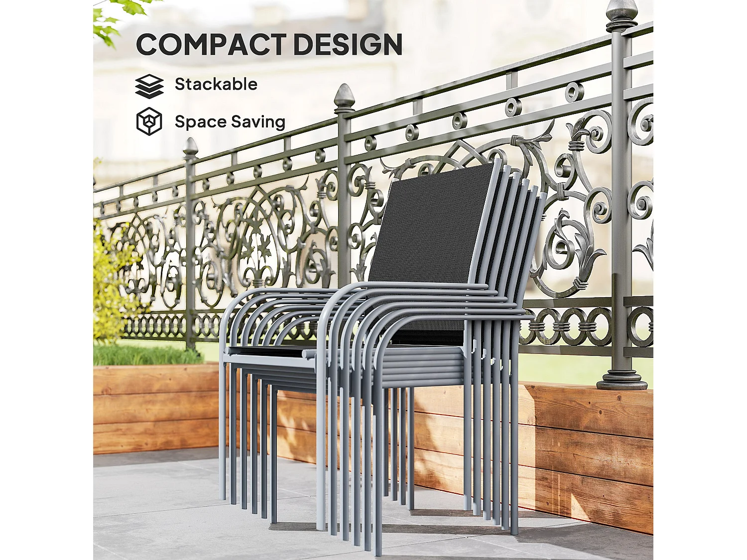 Fivedi 6 Seater Outdoor Dining Set Tempered Glass Table with Stackable Mesh Chairs