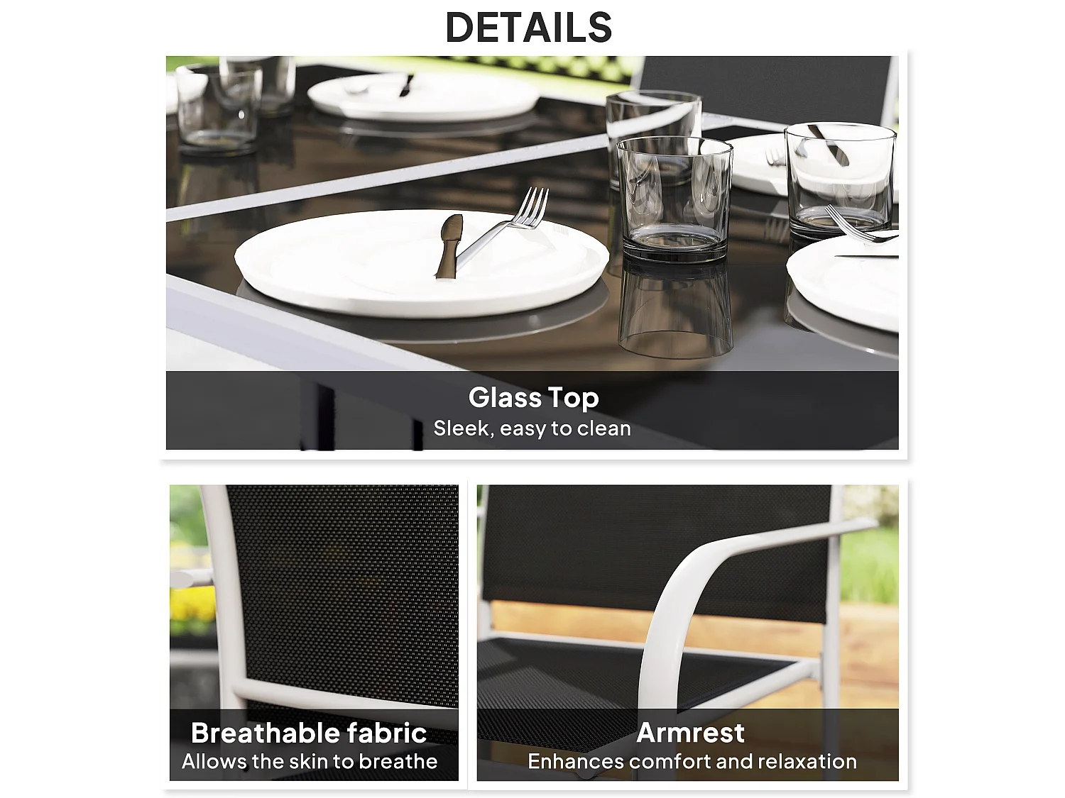 Fivedi 6 Seater Outdoor Dining Set Tempered Glass Table with Stackable Mesh Chairs
