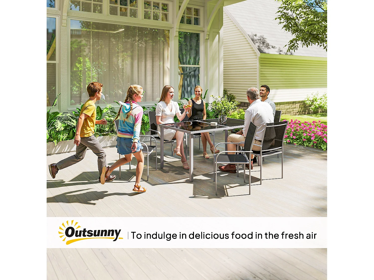 Fivedi 6 Seater Outdoor Dining Set Tempered Glass Table with Stackable Mesh Chairs