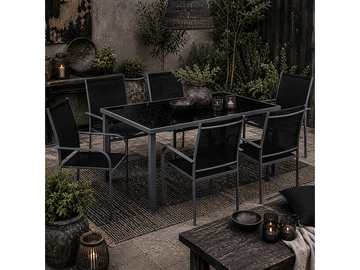 Fivedi 6 Seater Outdoor Dining Set Tempered Glass Table with Stackable Mesh Chairs