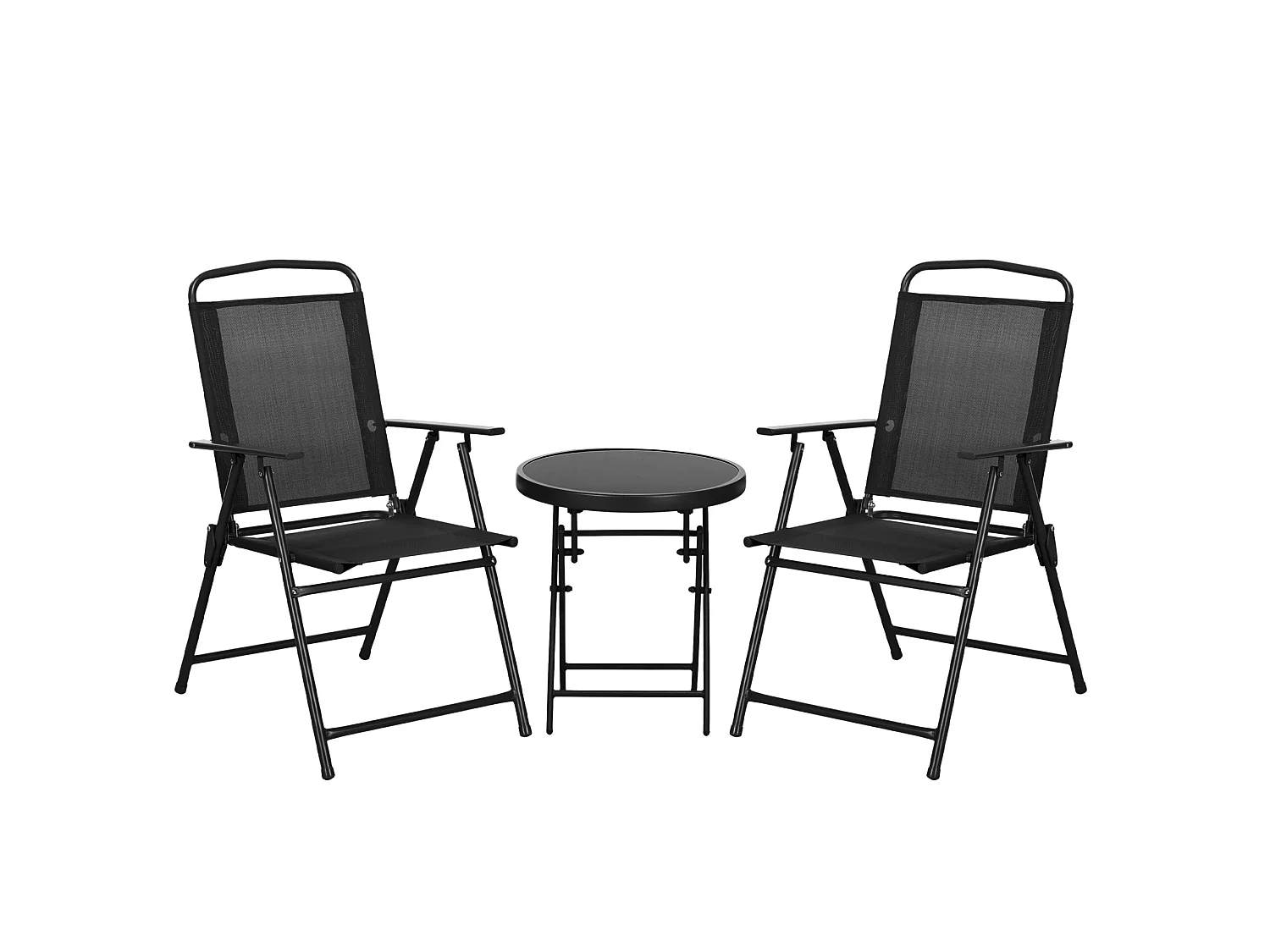 Zivino 3 Piece Black Garden Seating Set Tempered Glass Table and 2 Foldable Mesh Chairs