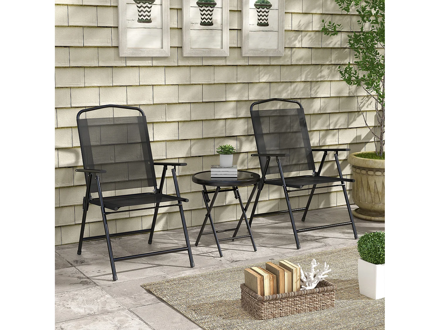 Zivino 3 Piece Black Garden Seating Set Tempered Glass Table and 2 Foldable Mesh Chairs