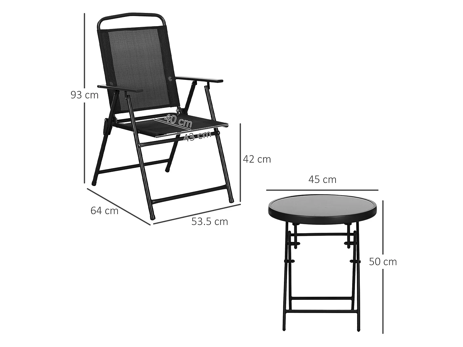 Zivino 3 Piece Black Garden Seating Set Tempered Glass Table and 2 Foldable Mesh Chairs