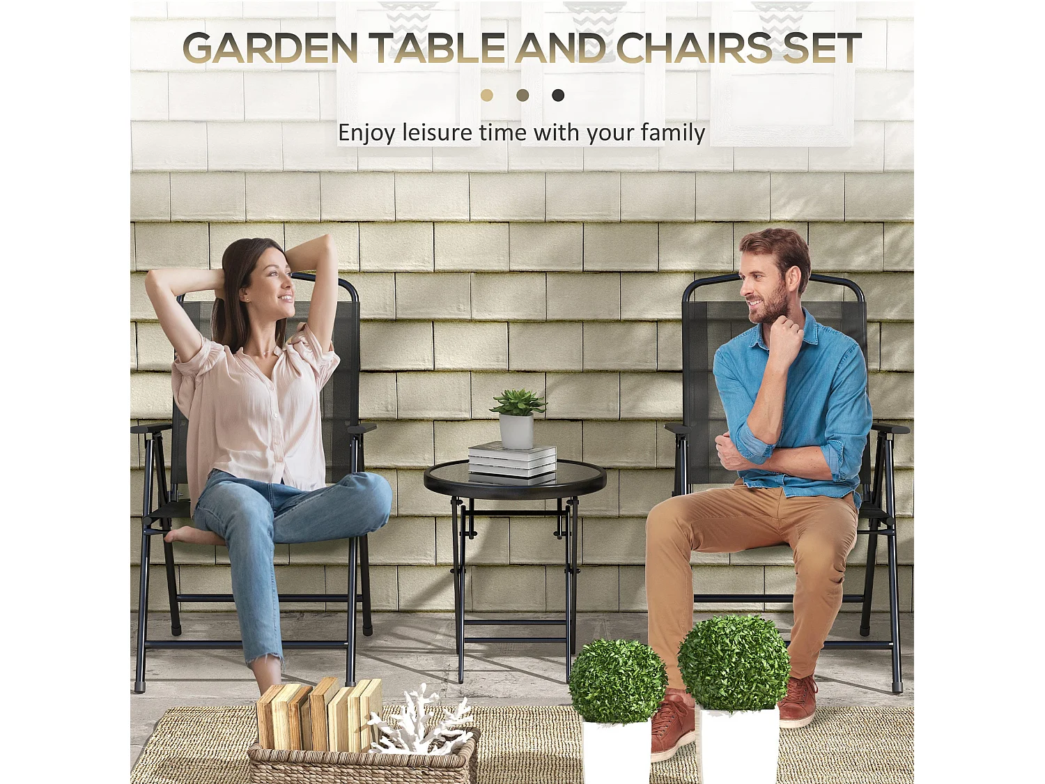 Zivino 3 Piece Black Garden Seating Set Tempered Glass Table and 2 Foldable Mesh Chairs