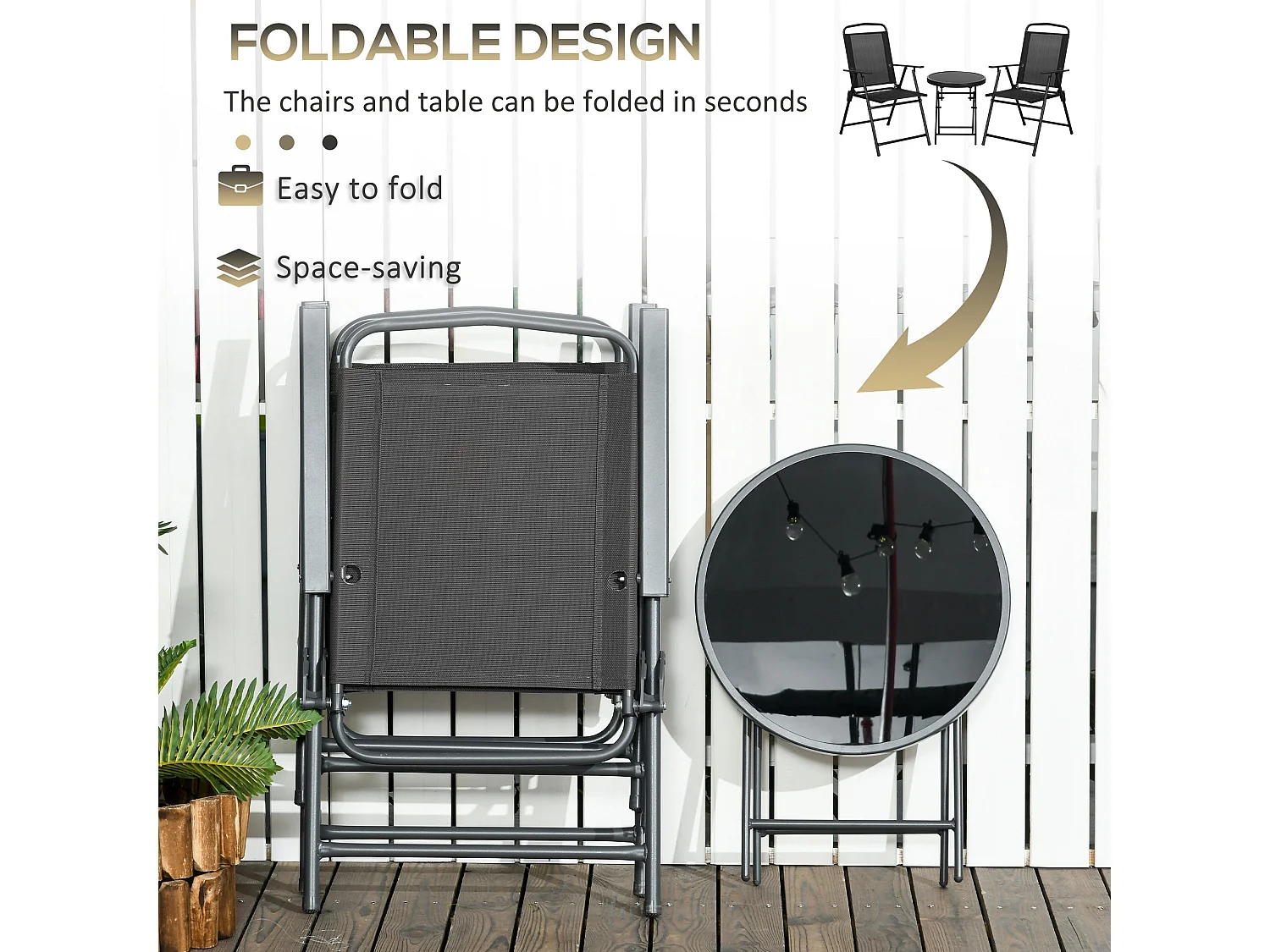 Zivino 3 Piece Black Garden Seating Set Tempered Glass Table and 2 Foldable Mesh Chairs