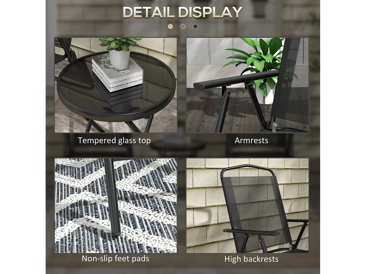 Zivino 3 Piece Black Garden Seating Set Tempered Glass Table and 2 Foldable Mesh Chairs