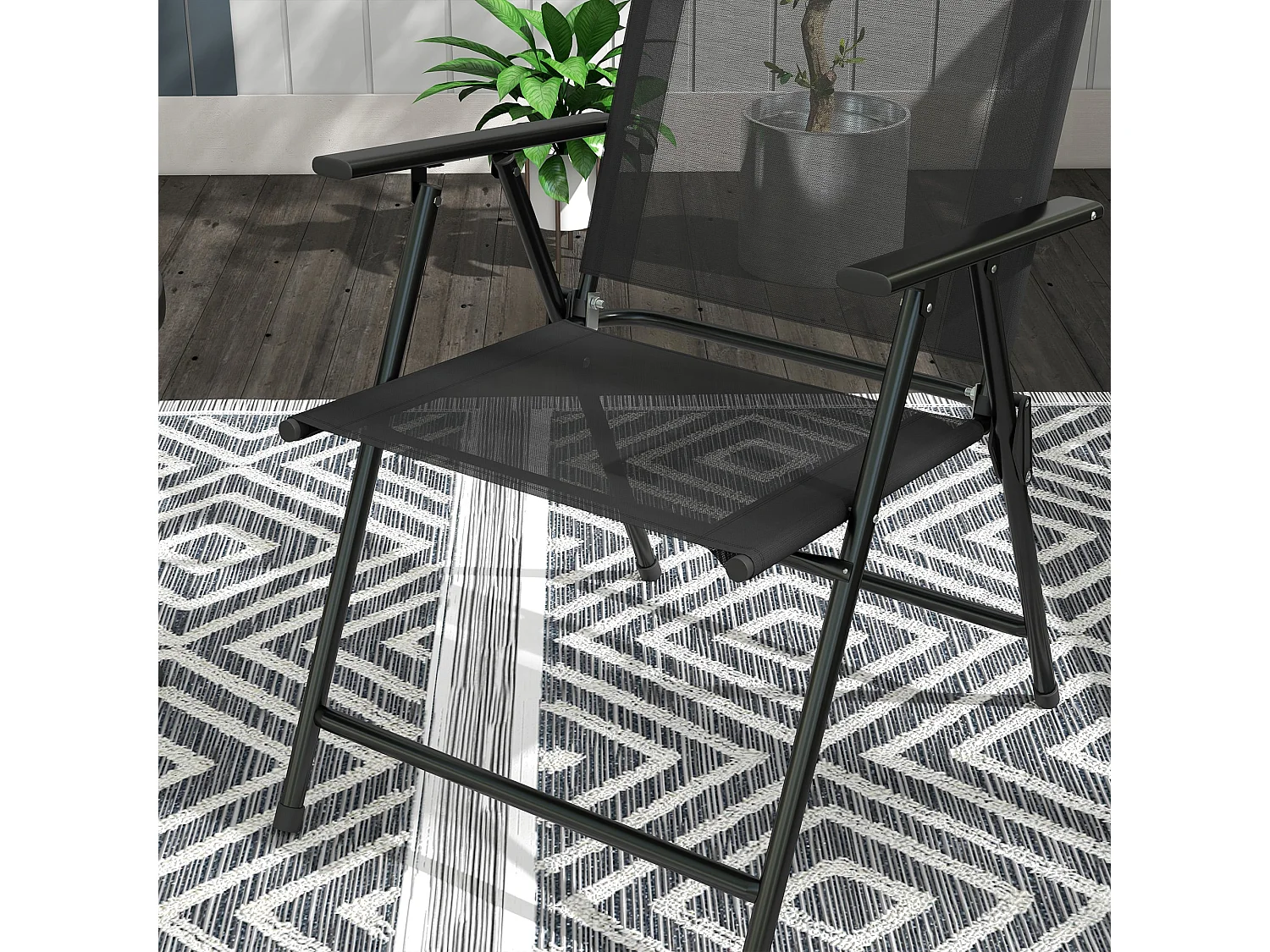 Zivino 3 Piece Black Garden Seating Set Tempered Glass Table and 2 Foldable Mesh Chairs