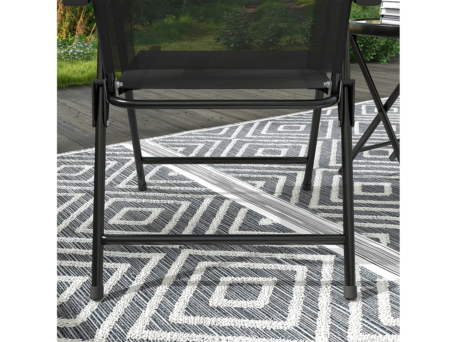 Zivino 3 Piece Black Garden Seating Set Tempered Glass Table and 2 Foldable Mesh Chairs