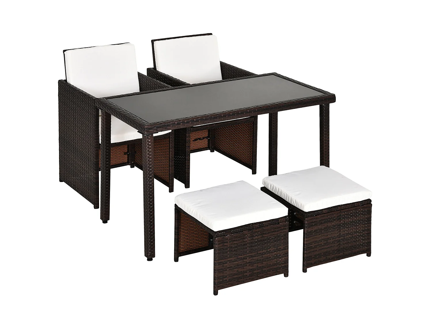 Nevaní Brown 2 Seater Cube Rattan Garden Dining Set with Armchairs Stools and Rectangular Glass Table