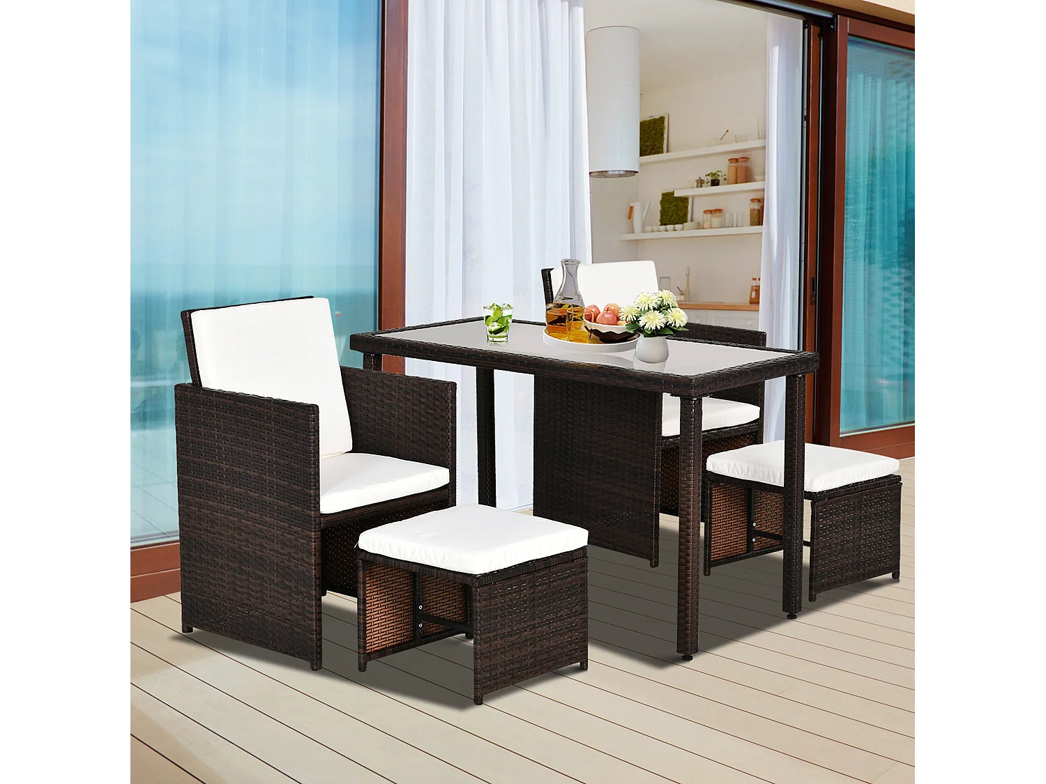 Nevaní Brown 2 Seater Cube Rattan Garden Dining Set with Armchairs Stools and Rectangular Glass Table