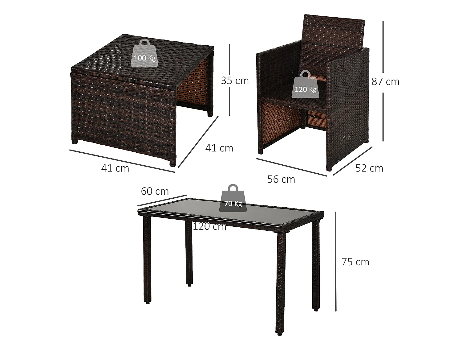 Nevaní Brown 2 Seater Cube Rattan Garden Dining Set with Armchairs Stools and Rectangular Glass Table