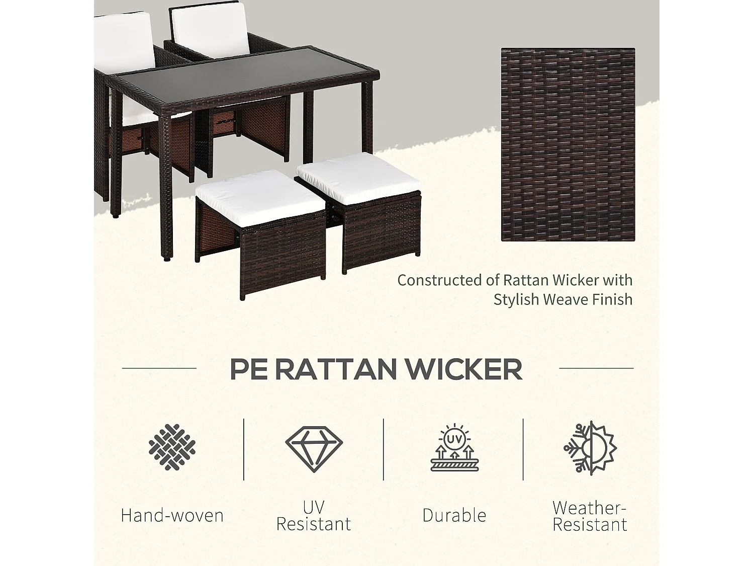 Nevaní Brown 2 Seater Cube Rattan Garden Dining Set with Armchairs Stools and Rectangular Glass Table