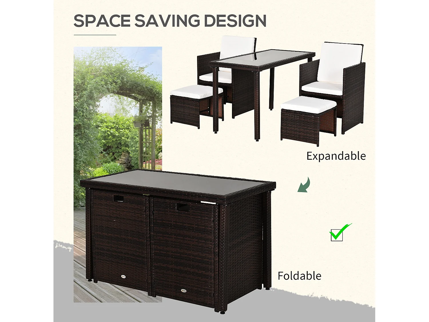 Nevaní Brown 2 Seater Cube Rattan Garden Dining Set with Armchairs Stools and Rectangular Glass Table