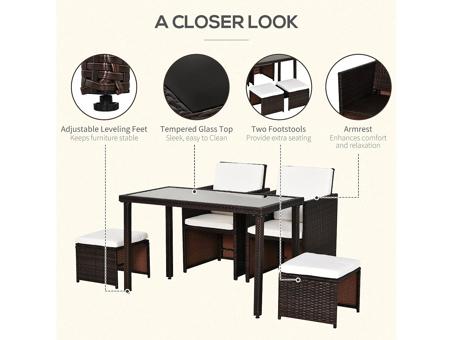 Nevaní Brown 2 Seater Cube Rattan Garden Dining Set with Armchairs Stools and Rectangular Glass Table