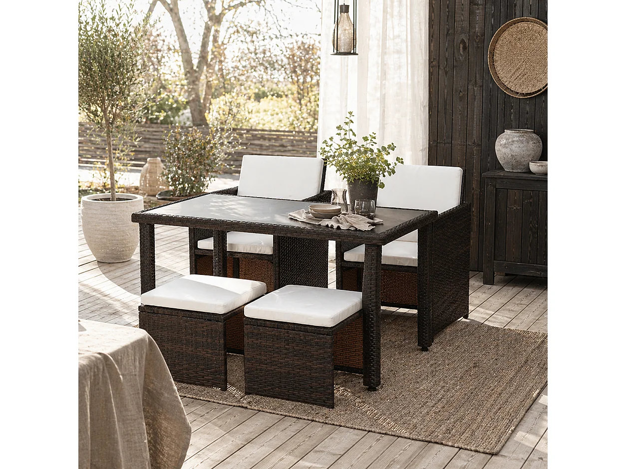 Nevaní Brown 2 Seater Cube Rattan Garden Dining Set with Armchairs Stools and Rectangular Glass Table