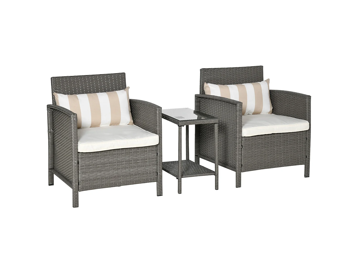 Reha 3 Piece Rattan Style Bistro Set Light Grey 2 Cushioned Armchairs with 2 Tier Glass Table