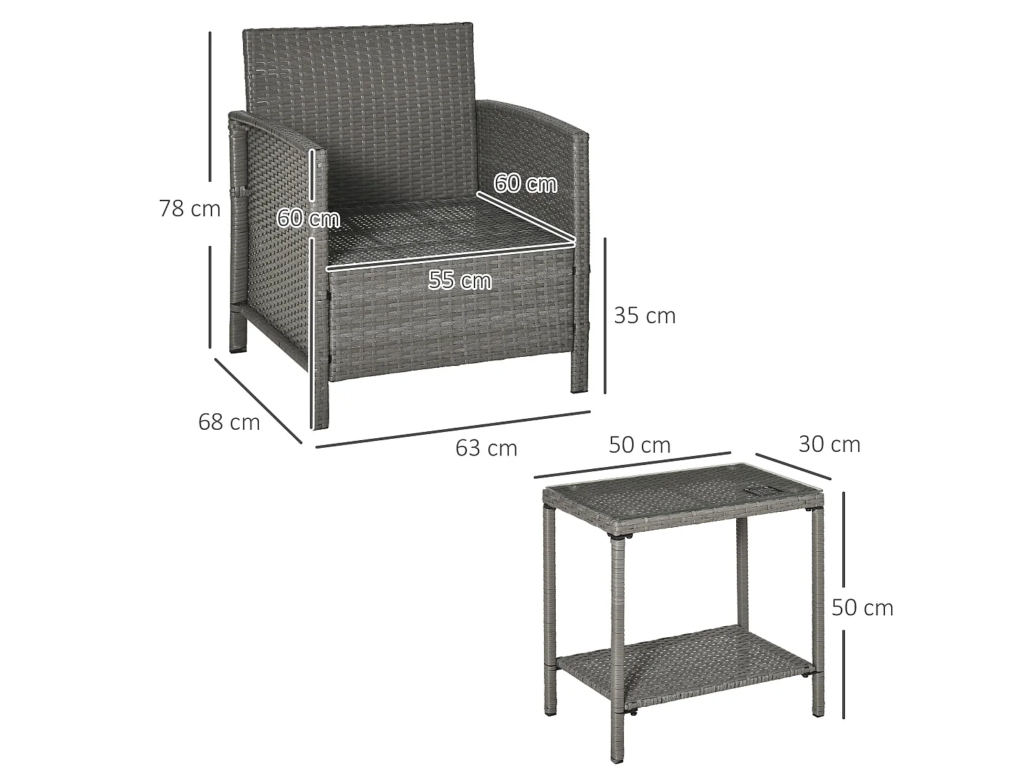 Reha 3 Piece Rattan Style Bistro Set Light Grey 2 Cushioned Armchairs with 2 Tier Glass Table