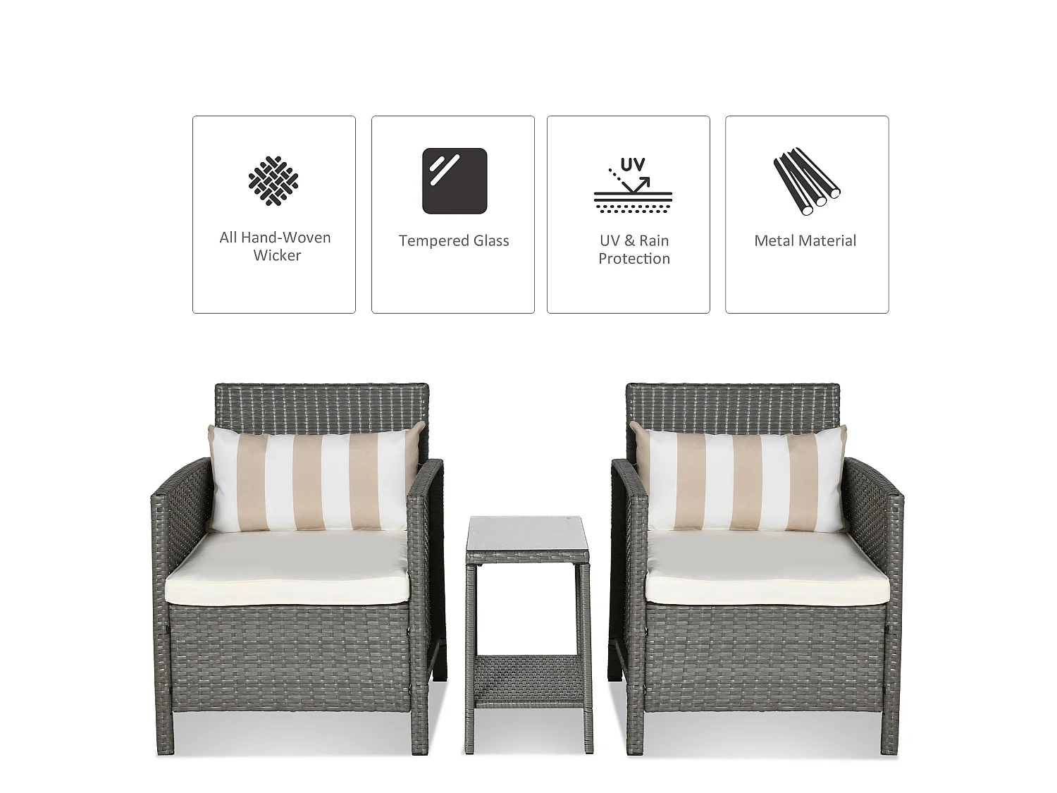 Reha 3 Piece Rattan Style Bistro Set Light Grey 2 Cushioned Armchairs with 2 Tier Glass Table