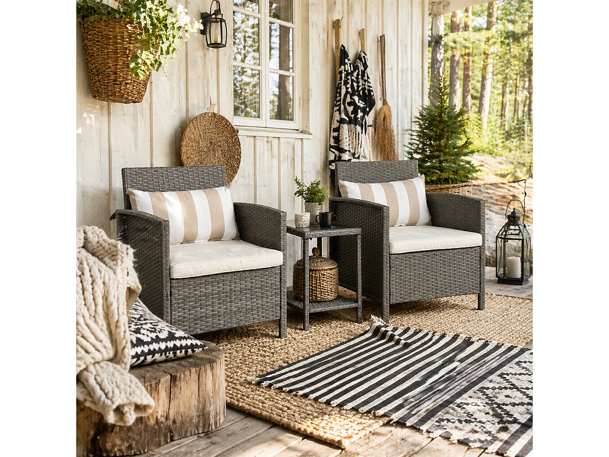 Reha 3 Piece Rattan Style Bistro Set Light Grey 2 Cushioned Armchairs with 2 Tier Glass Table