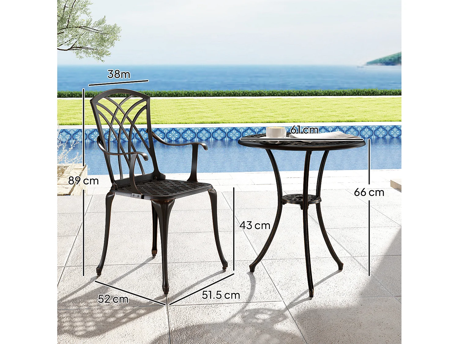 Haloco 3 Piece Bronze Tone Cast Aluminium Garden Bistro Set 2 Armchairs with Round Table