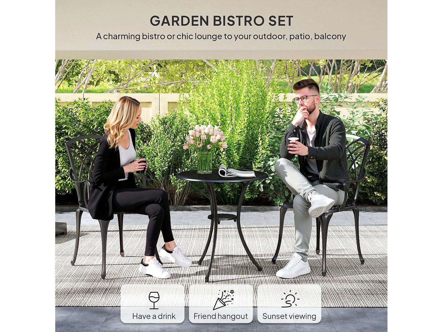 Haloco 3 Piece Bronze Tone Cast Aluminium Garden Bistro Set 2 Armchairs with Round Table