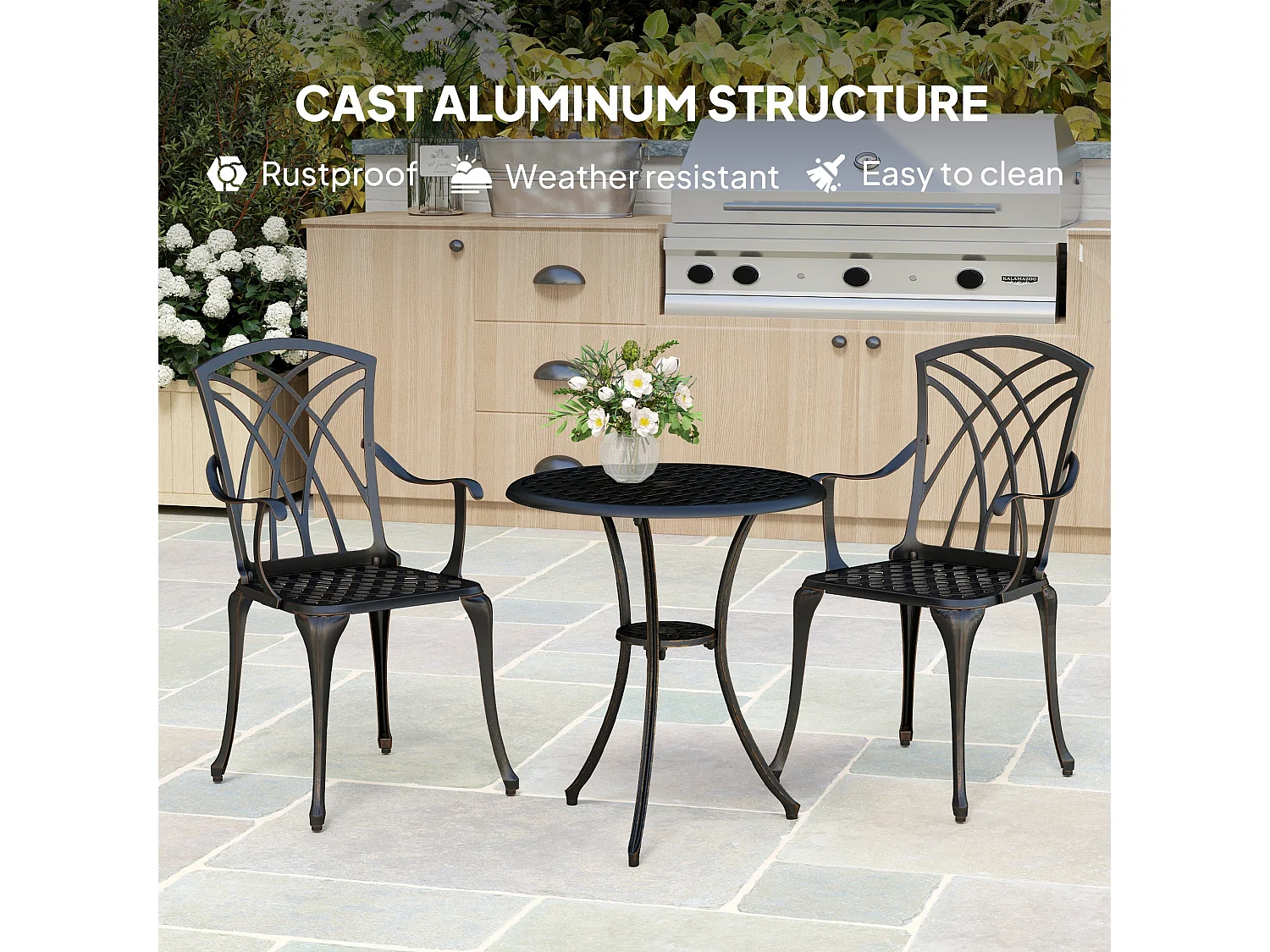 Haloco 3 Piece Bronze Tone Cast Aluminium Garden Bistro Set 2 Armchairs with Round Table