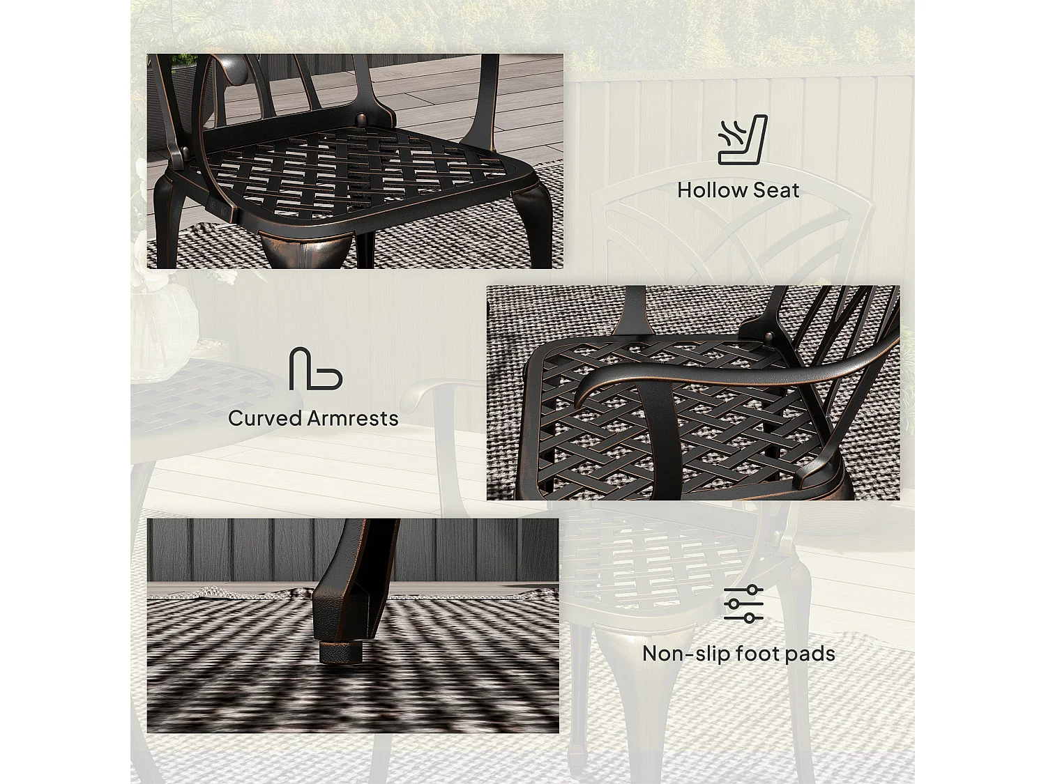Haloco 3 Piece Bronze Tone Cast Aluminium Garden Bistro Set 2 Armchairs with Round Table