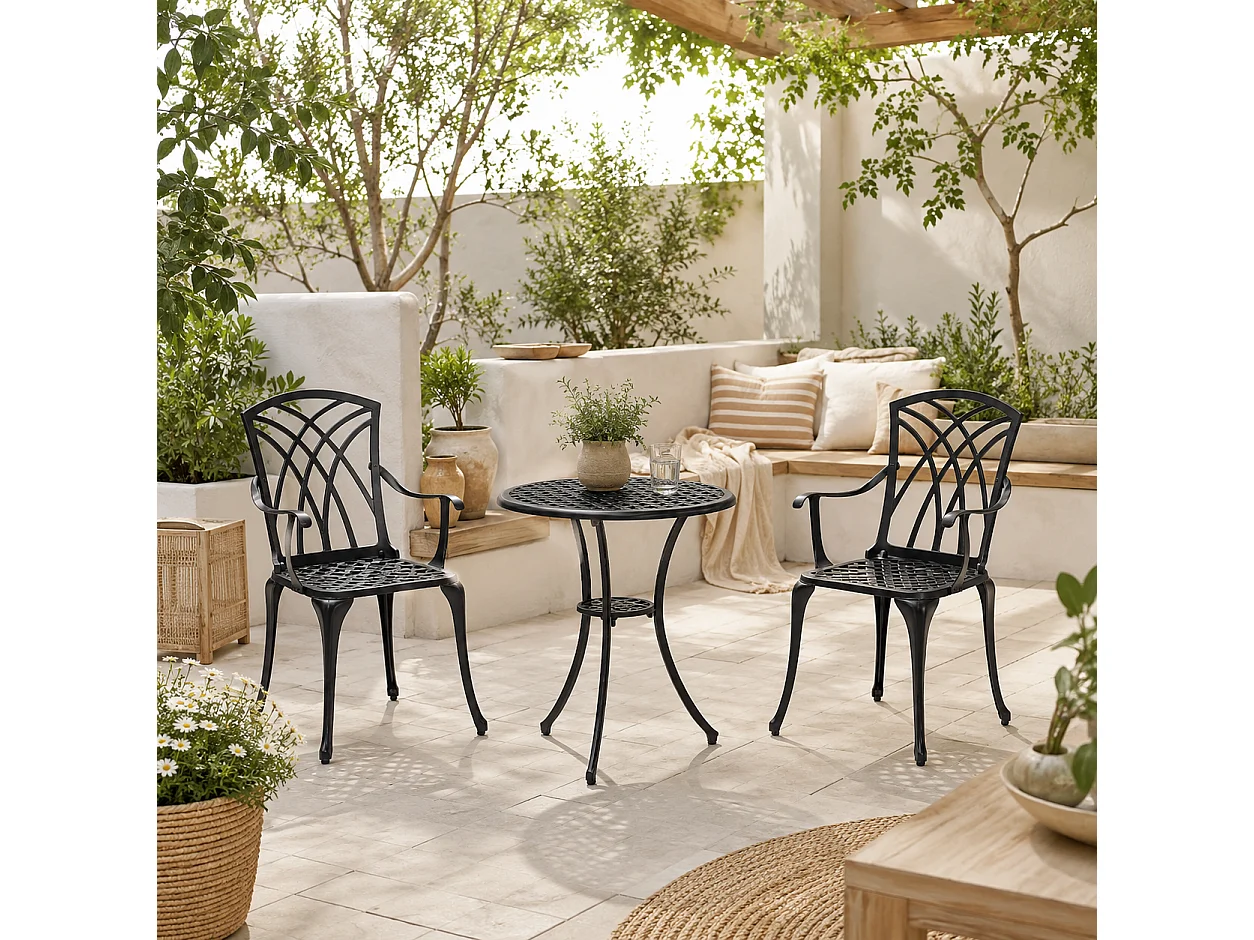 Haloco 3 Piece Bronze Tone Cast Aluminium Garden Bistro Set 2 Armchairs with Round Table