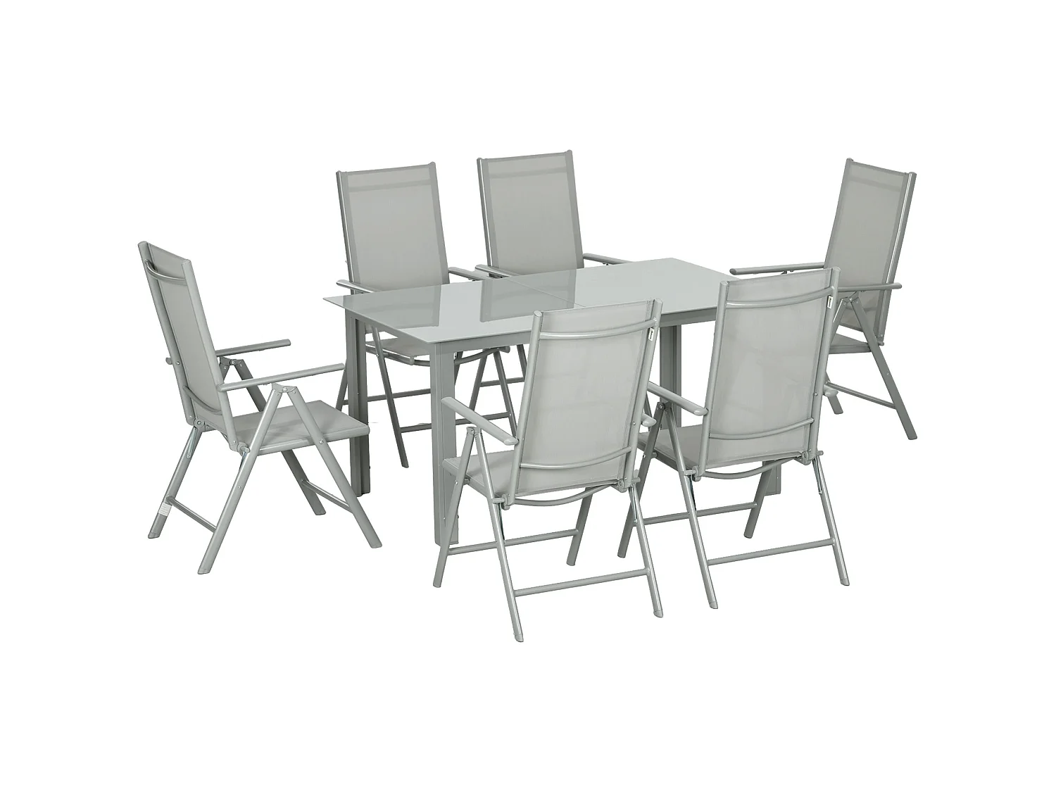 Pasano 7 Piece Garden Dining Set Grey Tempered Glass Table with 6 Folding Reclining Mesh Chairs