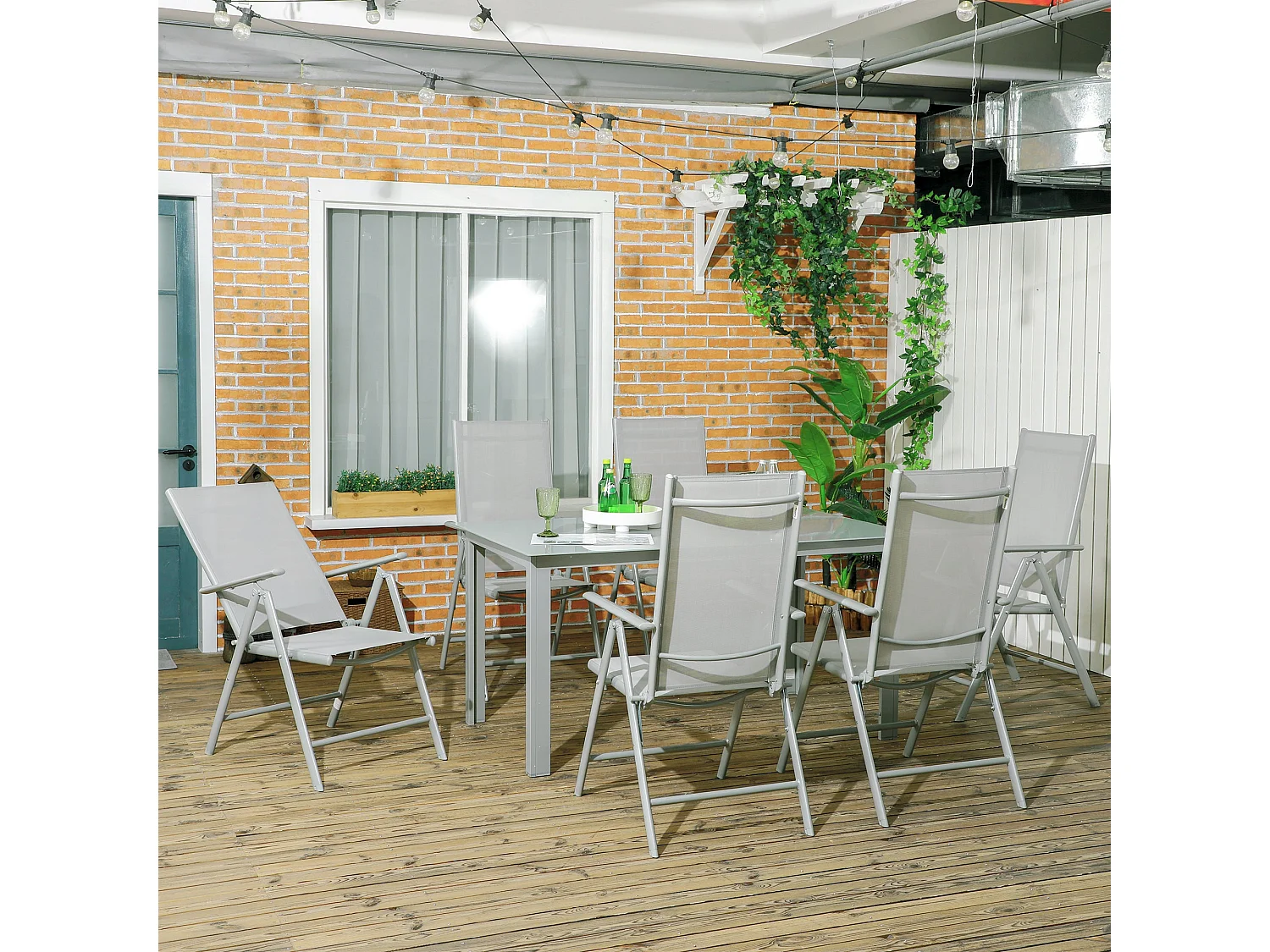 Pasano 7 Piece Garden Dining Set Grey Tempered Glass Table with 6 Folding Reclining Mesh Chairs