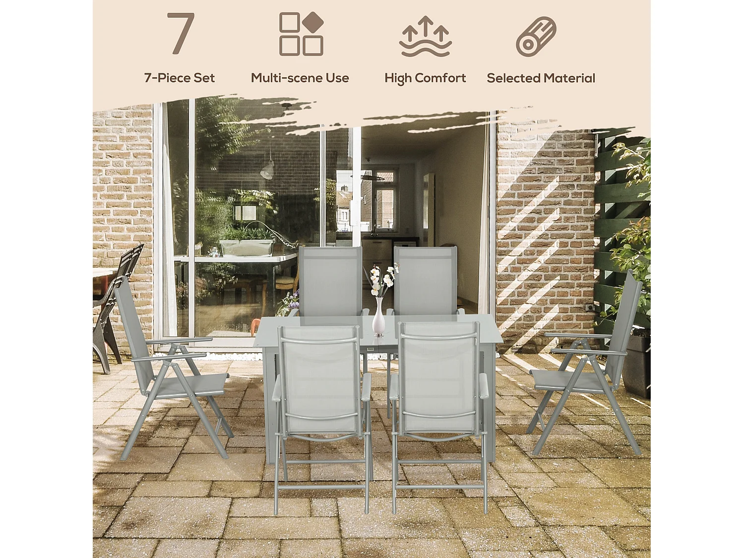 Pasano 7 Piece Garden Dining Set Grey Tempered Glass Table with 6 Folding Reclining Mesh Chairs