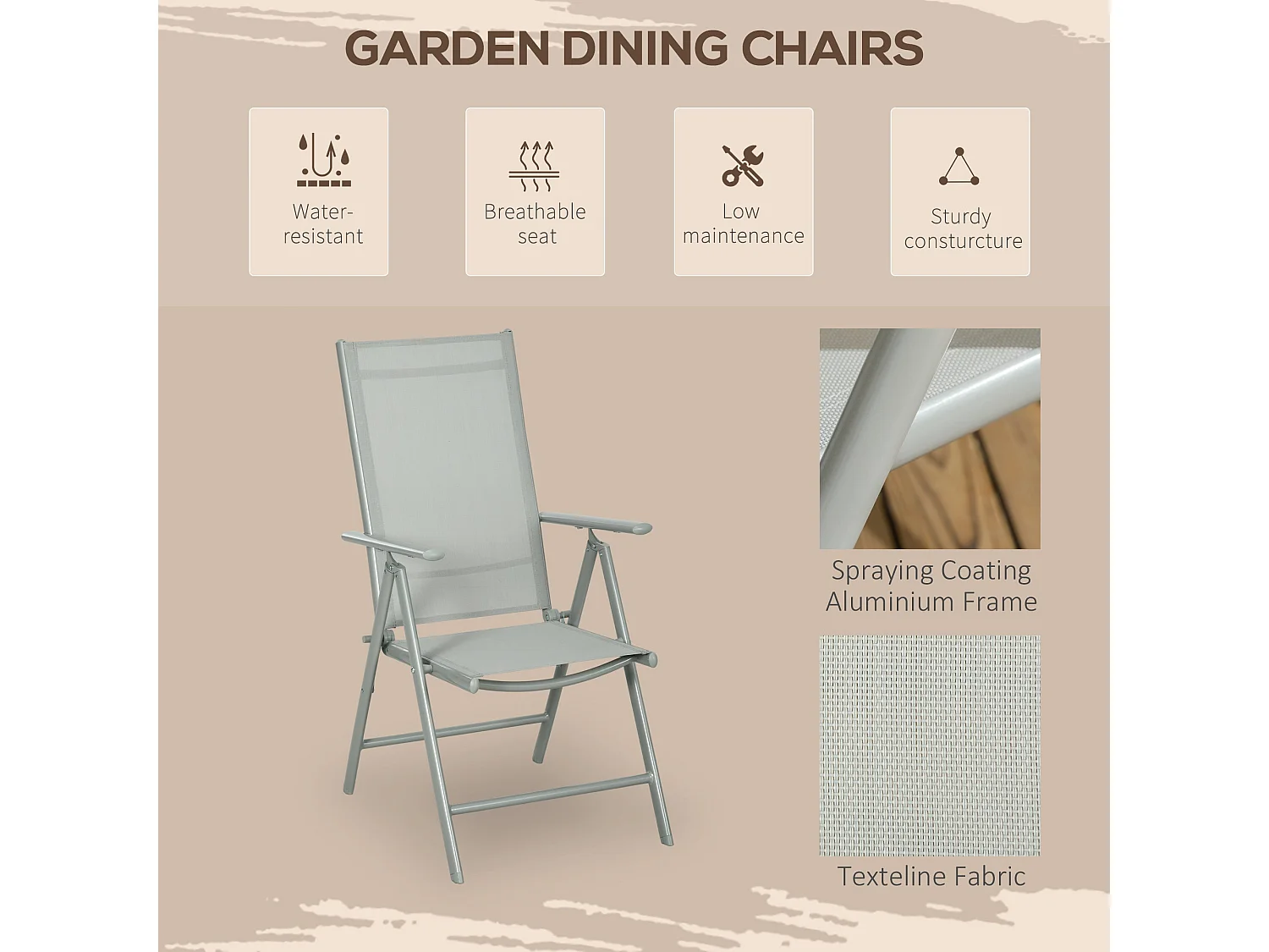 Pasano 7 Piece Garden Dining Set Grey Tempered Glass Table with 6 Folding Reclining Mesh Chairs