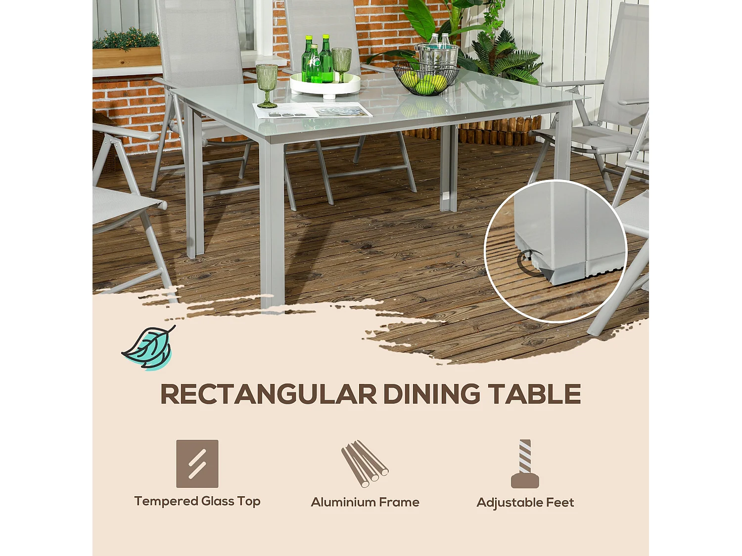 Pasano 7 Piece Garden Dining Set Grey Tempered Glass Table with 6 Folding Reclining Mesh Chairs