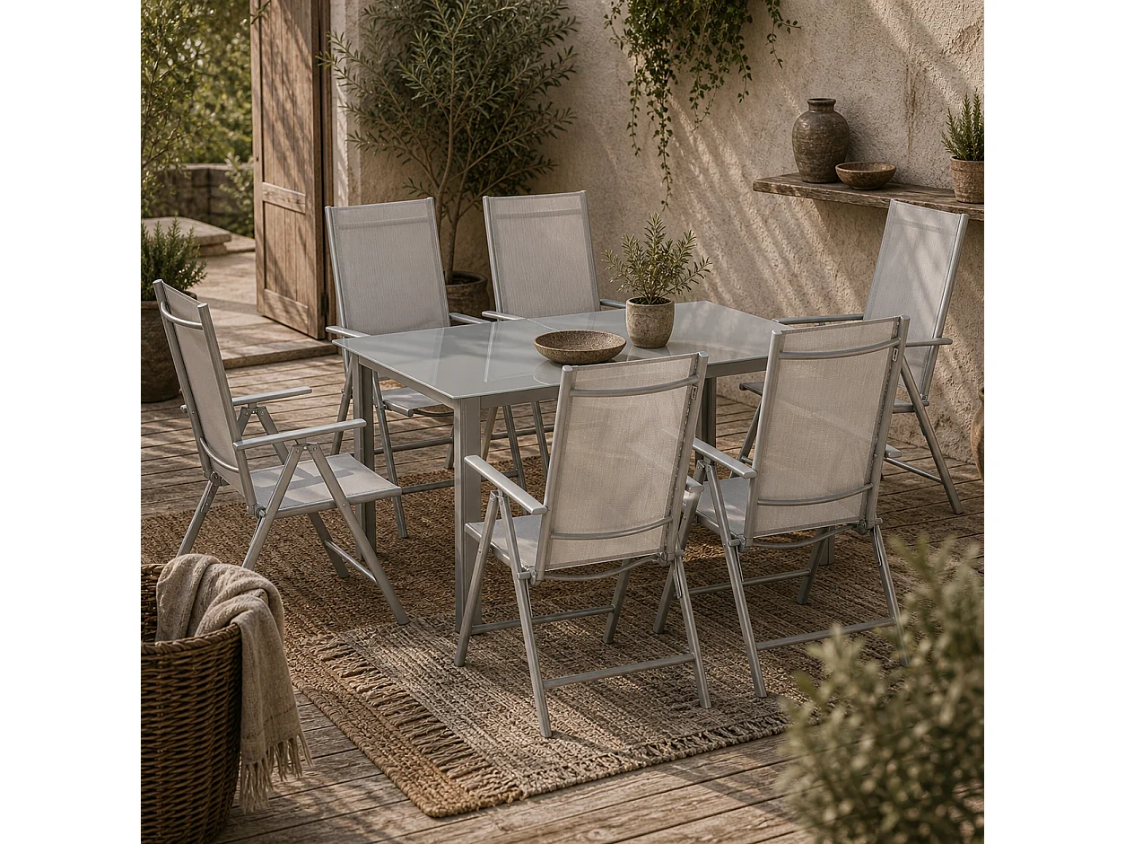 Pasano 7 Piece Garden Dining Set Grey Tempered Glass Table with 6 Folding Reclining Mesh Chairs
