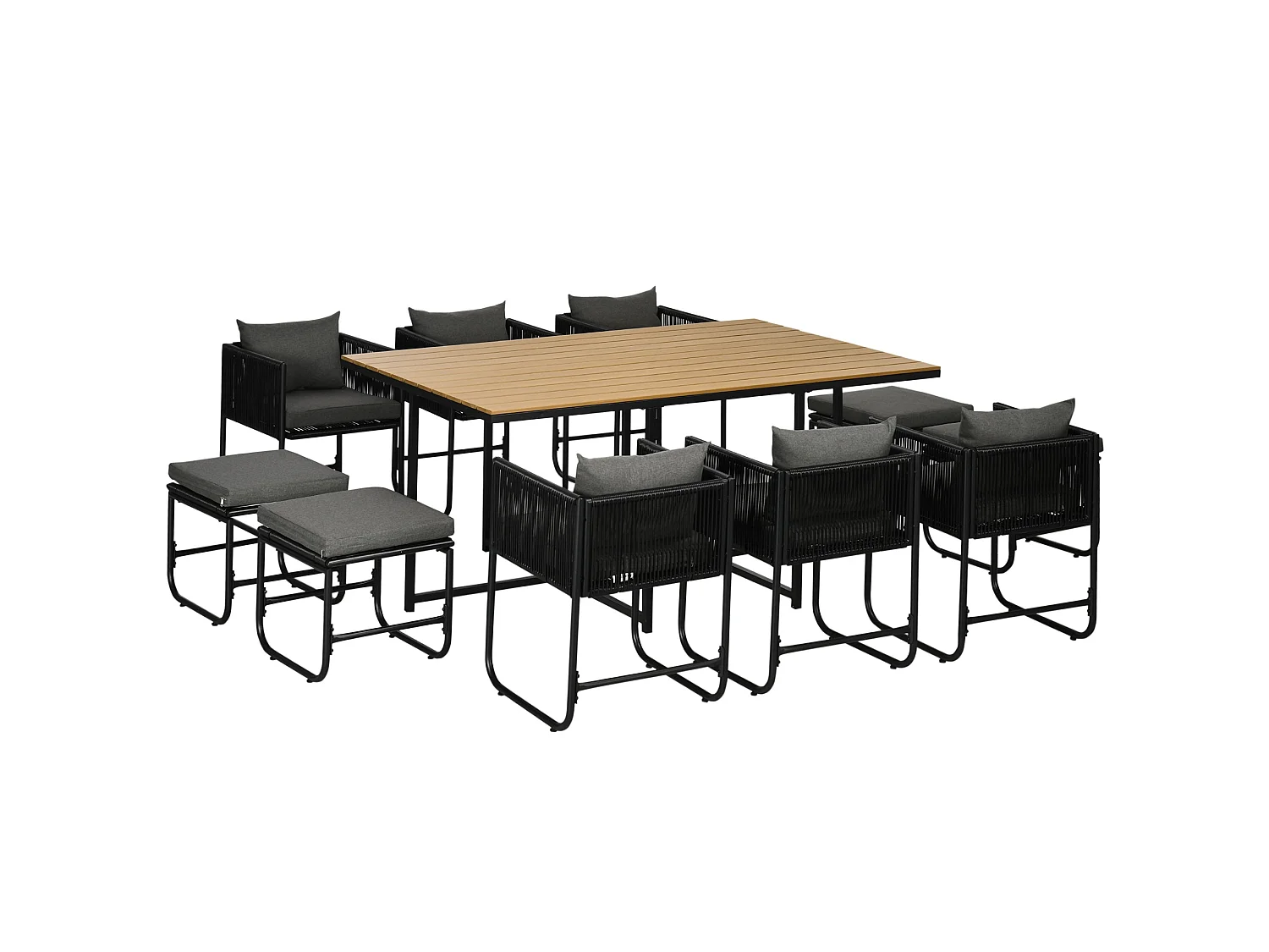 Latata 10 Seater Black Rattan Cube Garden Dining Set with Stools and Rectangular Table