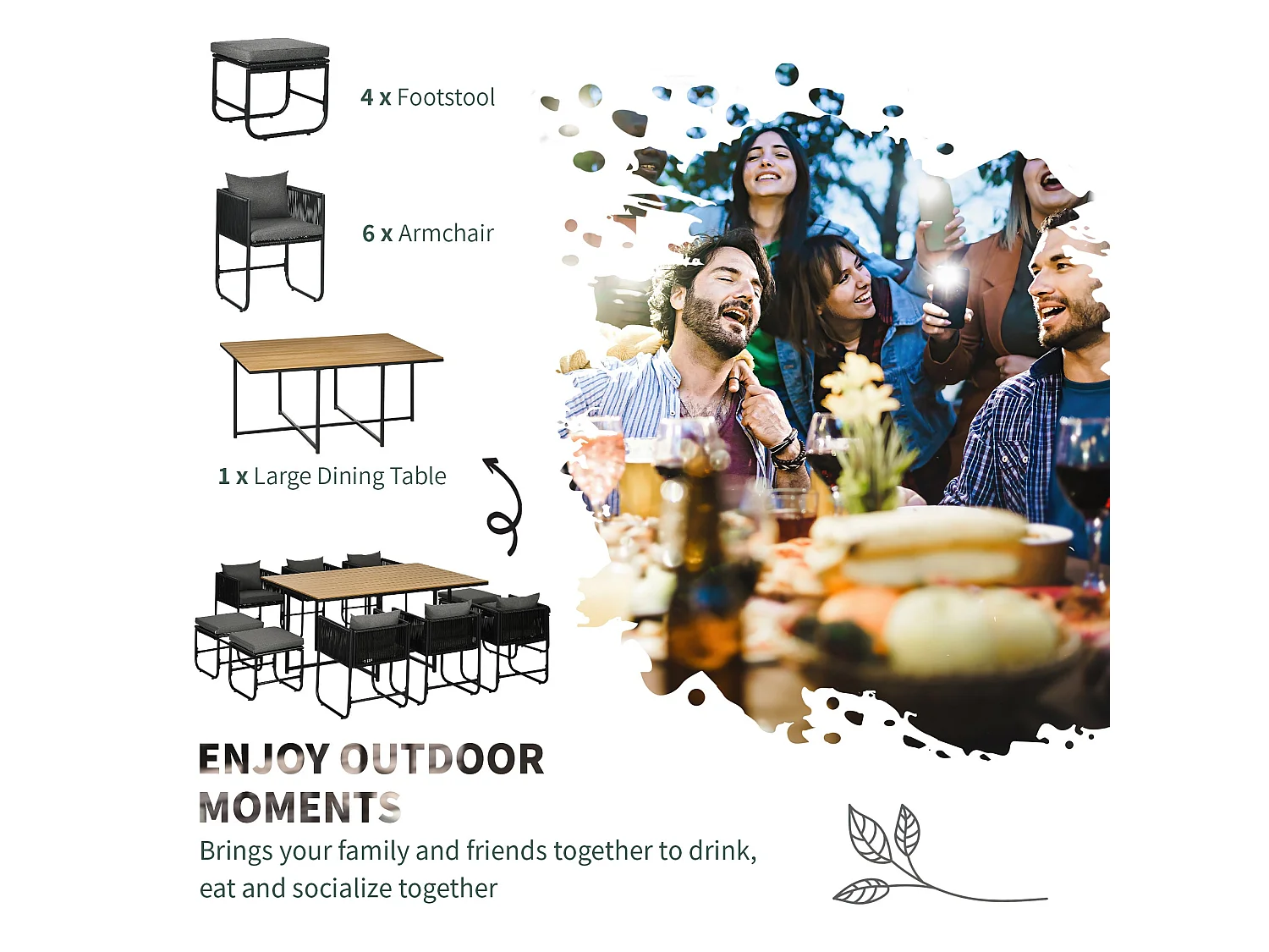 Latata 10 Seater Black Rattan Cube Garden Dining Set with Stools and Rectangular Table