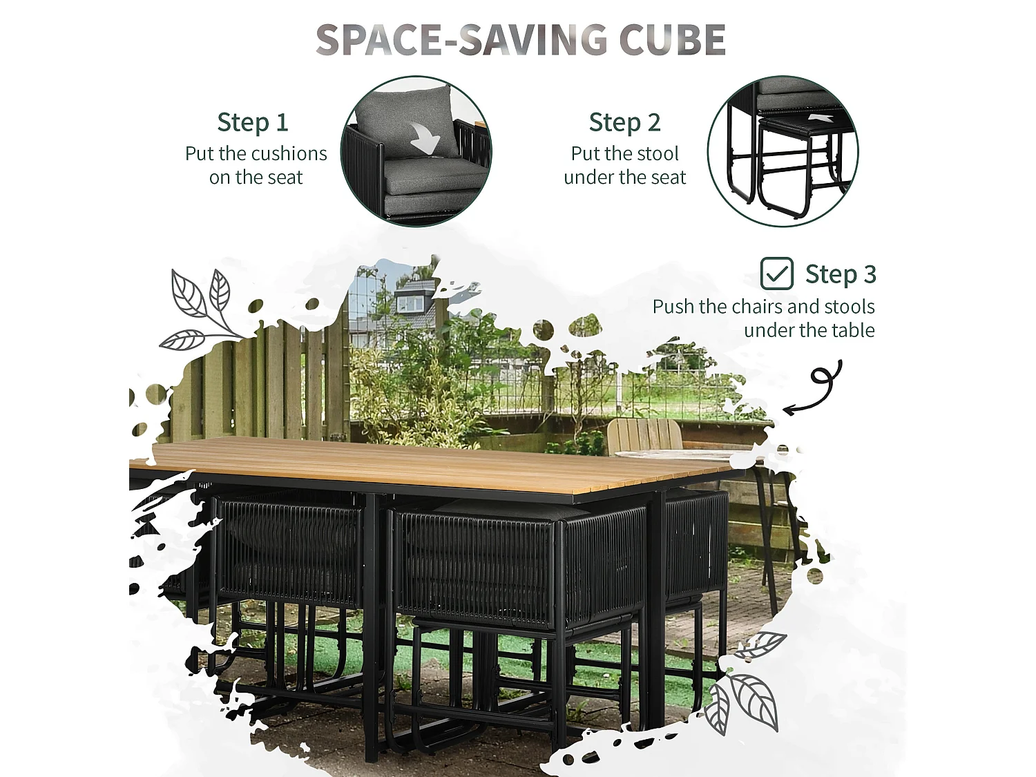 Latata 10 Seater Black Rattan Cube Garden Dining Set with Stools and Rectangular Table
