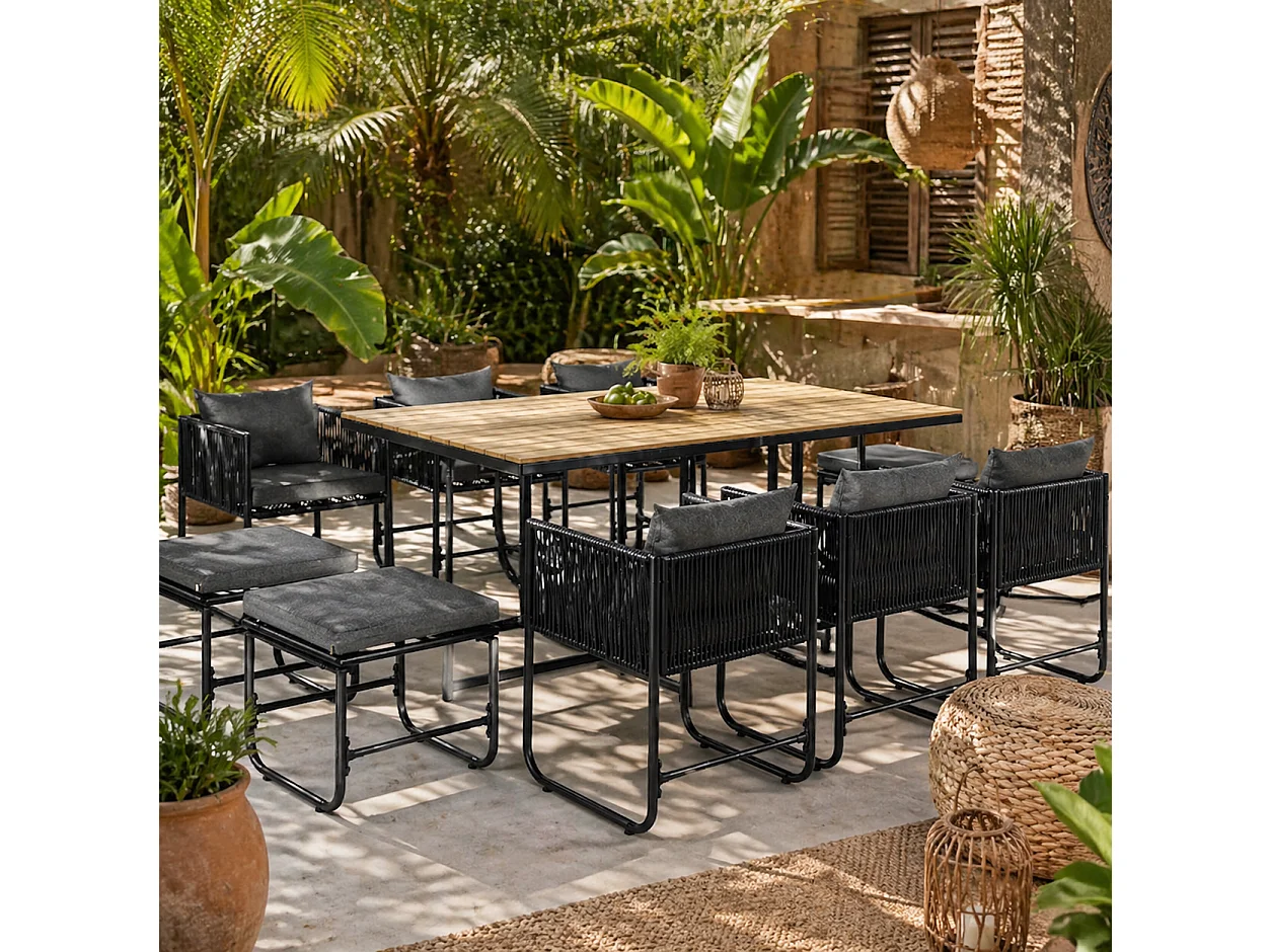 Latata 10 Seater Black Rattan Cube Garden Dining Set with Stools and Rectangular Table