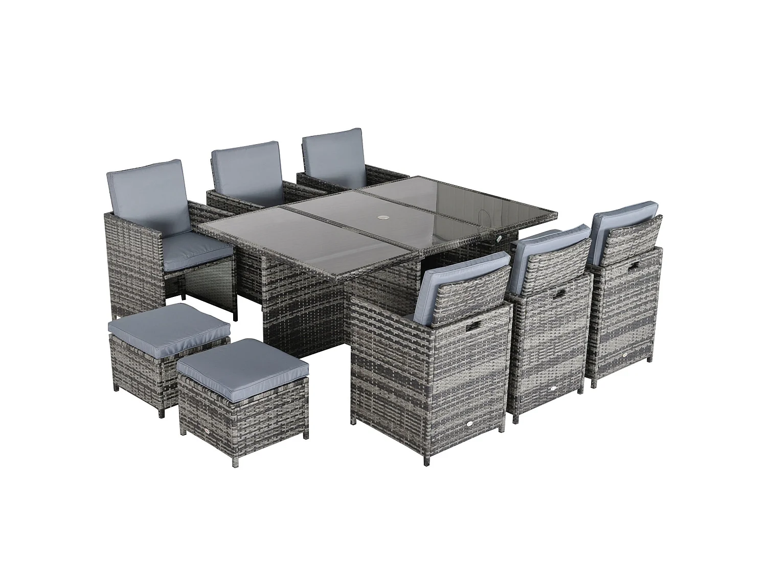 Tasuke 10 Seater Grey Rattan Cube Garden Dining Set with Cushions and Rectangular Glass Table
