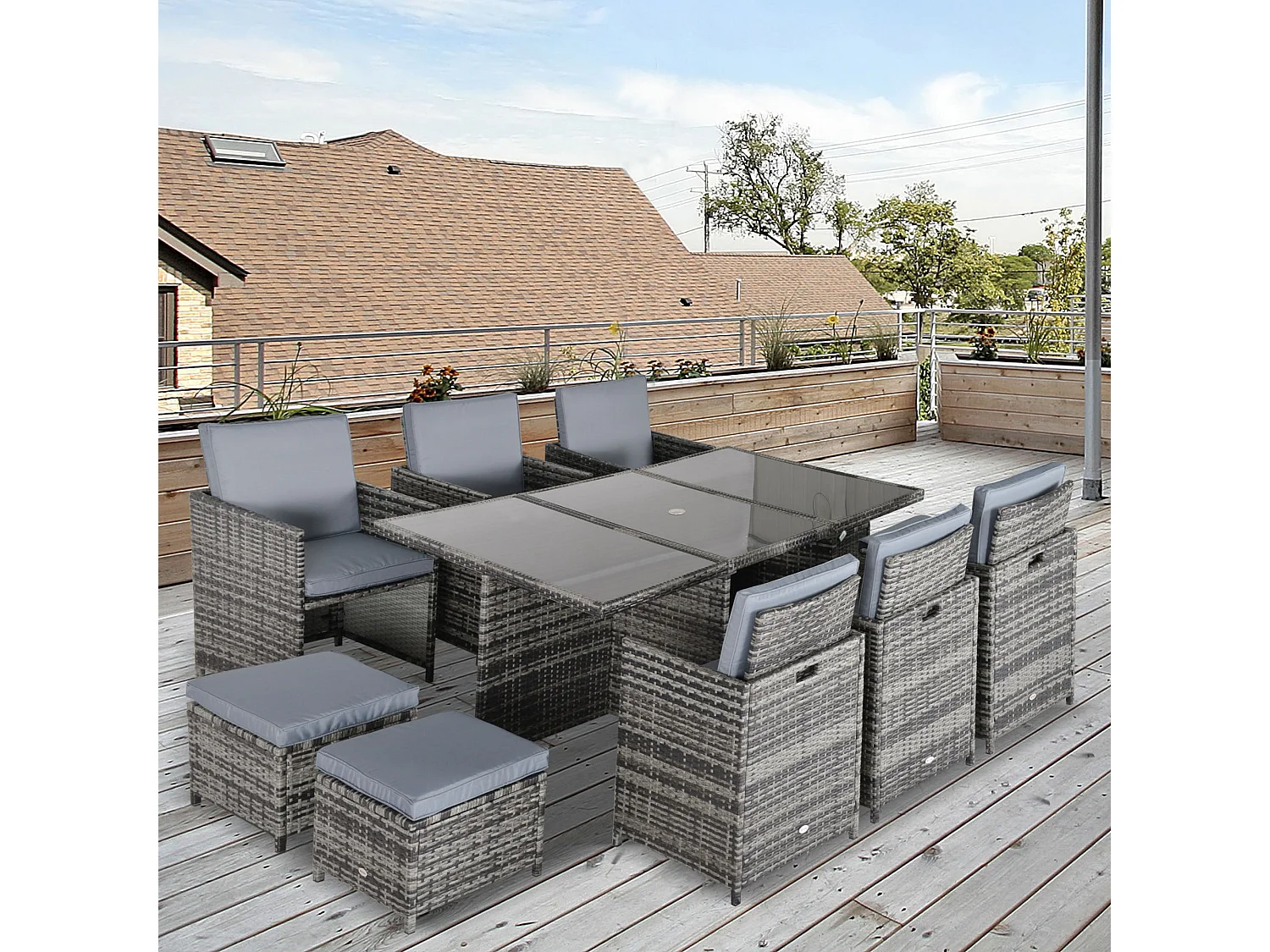 Tasuke 10 Seater Grey Rattan Cube Garden Dining Set with Cushions and Rectangular Glass Table