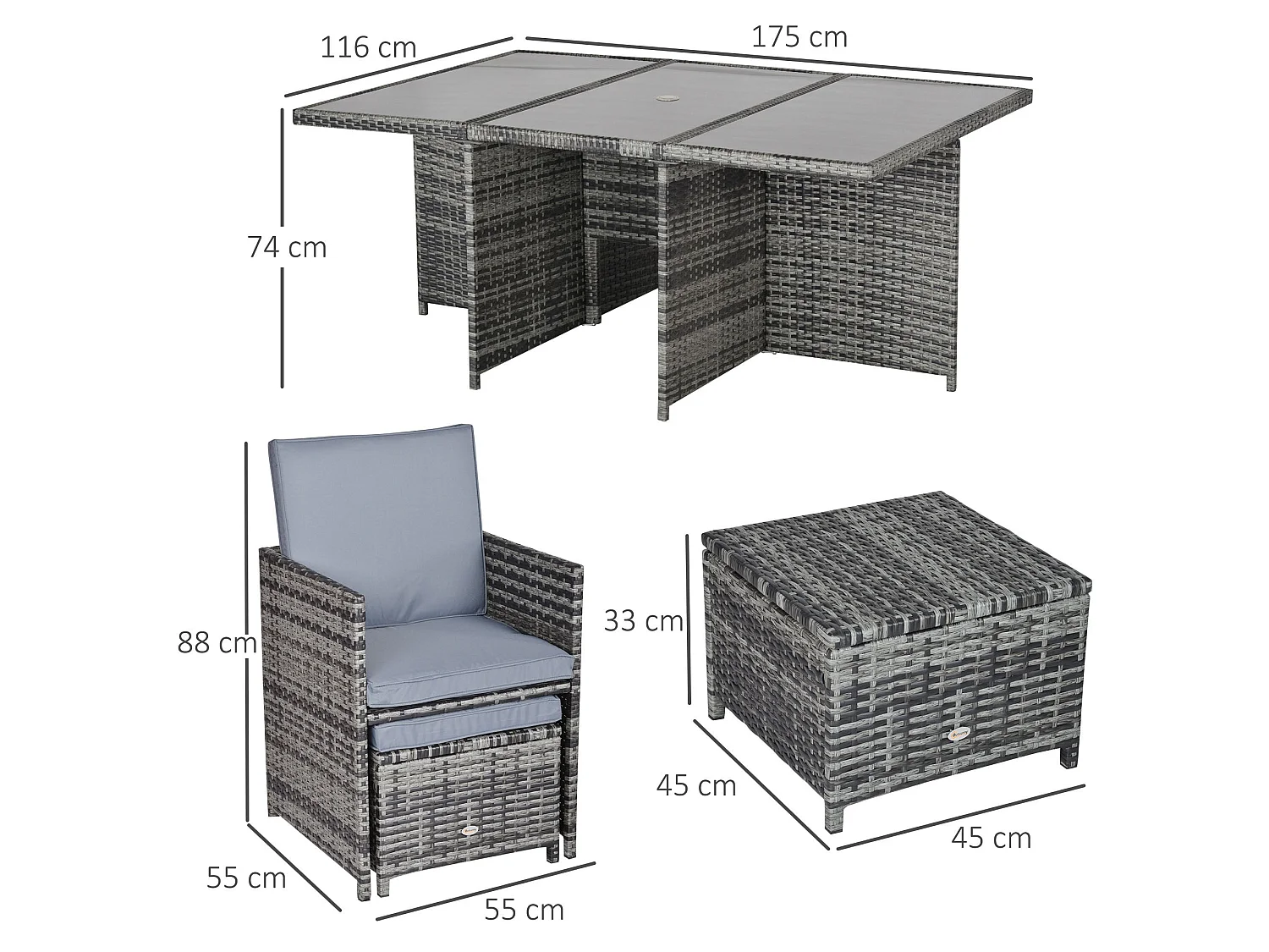 Tasuke 10 Seater Grey Rattan Cube Garden Dining Set with Cushions and Rectangular Glass Table