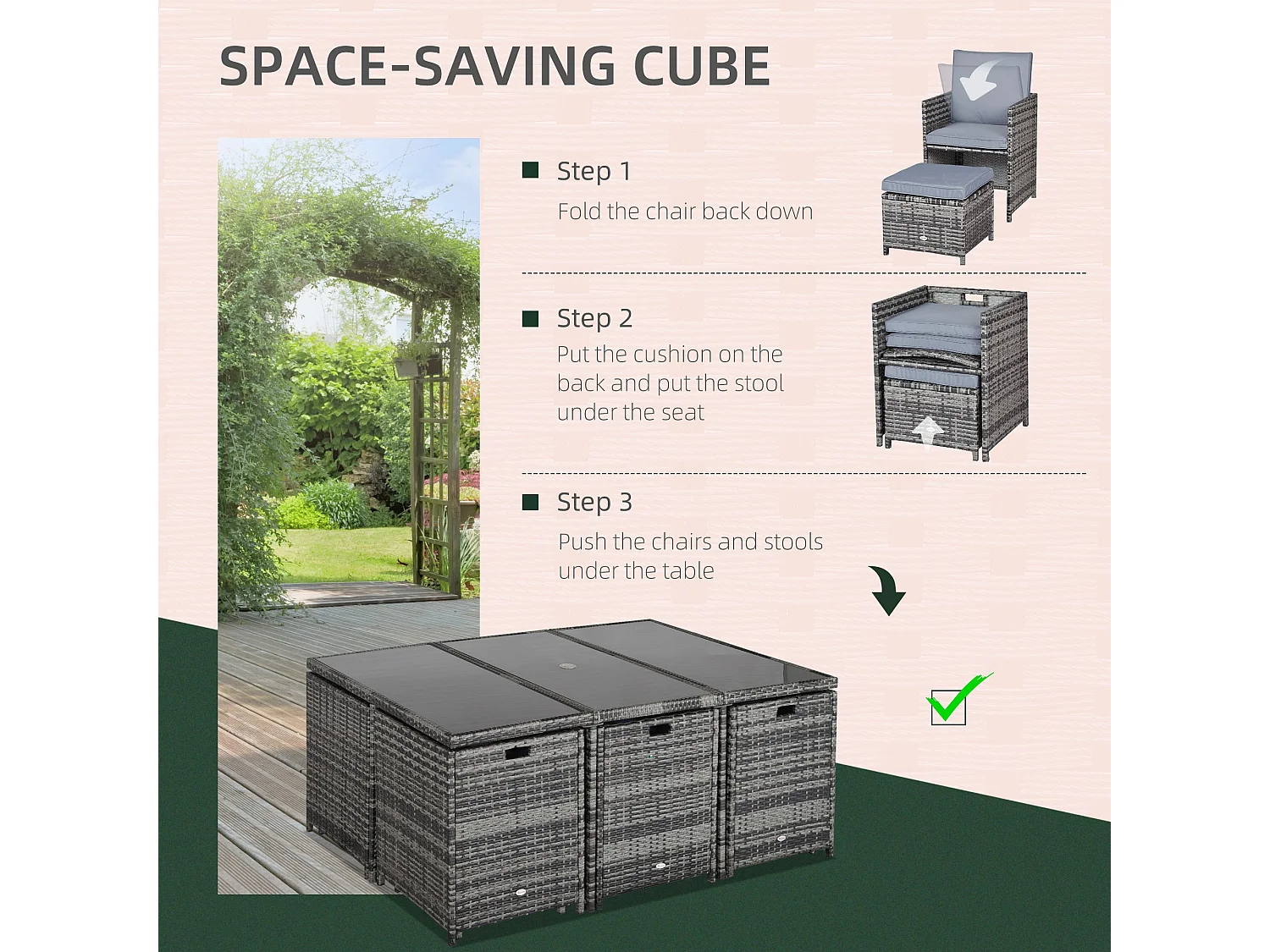 Tasuke 10 Seater Grey Rattan Cube Garden Dining Set with Cushions and Rectangular Glass Table
