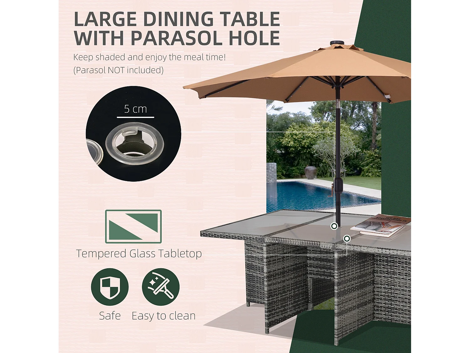 Tasuke 10 Seater Grey Rattan Cube Garden Dining Set with Cushions and Rectangular Glass Table